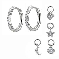 Yolistar Silber Creolen Ohrringe für Frauen, 925 Sterling Silber Ohrringe mit Zirkonia, Creolen Set mit vier kleinen Charms, Mond Stern Frauen Kreis Tropfen Ohrringe von Yolistar