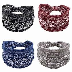 4 Stück Stirnbänder Damen Frauen Boho Breites Haarband Haarreifen Knot Yoga Head Wraps Vintage Gedruckt Haarschal Stilvolle Elastische Haarbänder von Yomiin