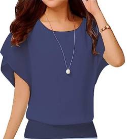 Yommay Chiffon Bluse Damen Oberteile Elegant T-Shirts Mode Rundkragen Lose Lässig Tops Sommer Kurzarm Shirt,Marineblau,M von Yommay