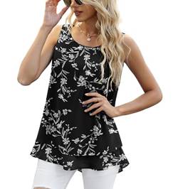 Yommay Chiffon Tank Tops für Damen Sommer Elegante ärmellose Business Cami Casual Blusen Tuniken,Black Leaves,L EU von Yommay