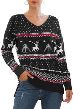 Yommay Christma Pullover für Damen mit V-Ausschnitt Leichtgewicht Langärmeliger Elegant Knitted Sweater Strickpullover Warme Fashion für Winter,Christma Schwarz,M von Yommay