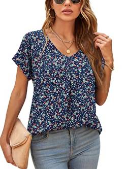 Yommay Damen Bluse Sommer Elegant V-Ausschnitt Tunika Shirt Oberteil Flowy Kurze Ärmel Chiffon Tops,Flower Navy Blau,L von Yommay