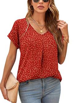 Yommay Damen Bluse Sommer Elegant V-Ausschnitt Tunika Shirt Oberteil Flowy Kurze Ärmel Chiffon Tops,Flower Weinrot,L von Yommay