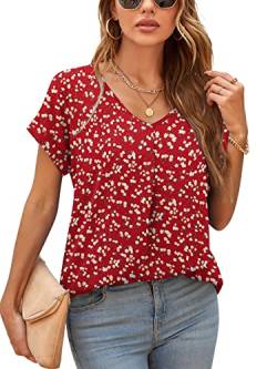 Yommay Damen Bluse Sommer Elegant V-Ausschnitt Tunika Shirt Oberteil Flowy Kurze Ärmel Chiffon Tops,MM F Rot,3XL von Yommay