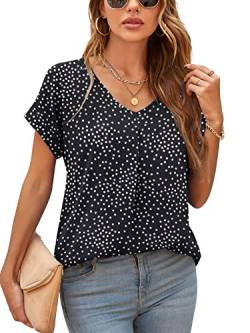 Yommay Damen Bluse Sommer Elegant V-Ausschnitt Tunika Shirt Oberteil Flowy Kurze Ärmel Chiffon Tops,Schwarz Polka-Punkte,L von Yommay