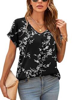 Yommay Damen Bluse Sommer Elegant V-Ausschnitt Tunika Shirt Oberteil Flowy Kurze Ärmel Chiffon Tops,Schwarze Blätter,L von Yommay