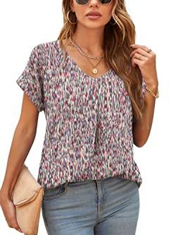 Yommay Damen Bluse Sommer Elegant V-Ausschnitt Tunika Shirt Oberteil Flowy Kurze Ärmel Chiffon Tops,Tie Dye Pink,L von Yommay