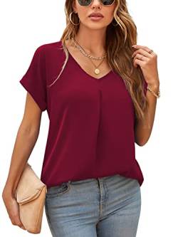 Yommay Damen Bluse Sommer Elegant V-Ausschnitt Tunika Shirt Oberteil Flowy Kurze Ärmel Chiffon Tops,Weinrot,L von Yommay