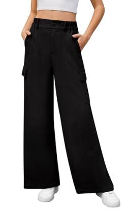 Yommay Damen Hose High Waist Wide Leg Cargo Hose für Frauen Elegant Baggy Locker Sommer Hosen mit Taschen,Schwarz,XL von Yommay