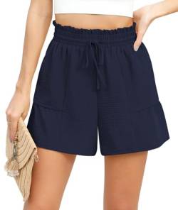 Yommay Damen Shorts Elegant Lässige Sommer Kurze Hosen Elasischer High Waist Kordelzug Kurzhose mit Taschen,Marineblau,M von Yommay