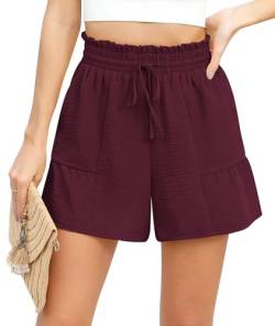 Yommay Damen Shorts Elegant Lässige Sommer Kurze Hosen Elasischer High Waist Kordelzug Kurzhose mit Taschen,Weinrot,S von Yommay