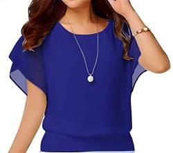 Yommay Damen Tops Sommer Locker Kurzarm Bluse Chiffon Elegante Leichte T-Shirts für Frauen Lässige Flowy Oberteile,Blau,L von Yommay