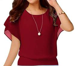 Yommay Damen Tops Sommer Locker Kurzarm Bluse Chiffon Elegante Leichte T-Shirts für Frauen Lässige Flowy Oberteile,Weinrot,3XL von Yommay