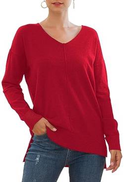 Yommay Große Größen Pullover für Damen mit V-Ausschnitt Leichtgewicht Langärmeliger Elegant Knitted Sweater Strickpullover Warme Fashion für Winter,D Rot,3XL von Yommay