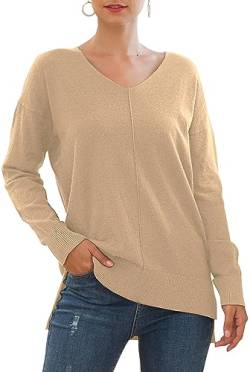 Yommay Große Größen Pullover für Damen mit V-Ausschnitt Leichtgewicht Langärmeliger Elegant Knitted Sweater Strickpullover Warme Fashion für Winter,Khaki,3XL von Yommay