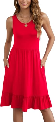 Yommay Kleider Damen Sommer Elegante Knielang A-Linie Kleid Casual Rundhals Tank Top Strandkleid mit Taschen,Rot,XL von Yommay