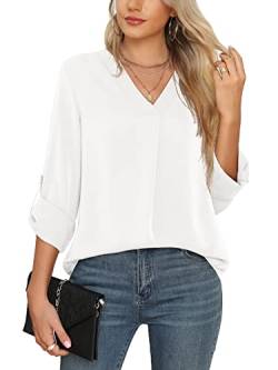 Yommay Langarm V Ausschnitt Oberteil Shirts Basic Casual Langarmshirts Ladies Chiffon Tops Longshirt(Weiß,EU M) von Yommay