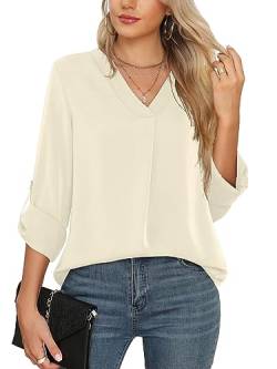 Yommay Langarmshirts für Damen Bluse Sommer Elegant V-Ausschnitt Tunika Longshirtt Oberteil Flowy Kurze Ärmel Chiffon Tops(Beige Weiß,EU L) von Yommay