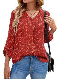 Yommay Langarmshirts für Damen Bluse Sommer Elegant V-Ausschnitt Tunika Longshirtt Oberteil Flowy Kurze Ärmel Chiffon Tops(Flower Weinrot,EU 3XL) von Yommay