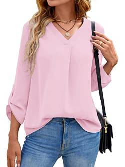 Yommay Langarmshirts für Damen Bluse Sommer Elegant V-Ausschnitt Tunika Longshirtt Oberteil Flowy Kurze Ärmel Chiffon Tops(Hellrosa,EU S) von Yommay