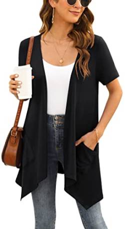 Yommay Plus Size Strickjacken für Damen Elegant Solide Kurzen Ärmel Strickjacke Casual Sommer Leichter Lockere Cardigan mit Taschen,Schwarz,XXX-Large von Yommay