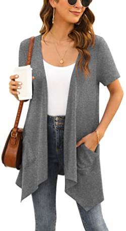 Yommay Strickjacken für Damen Elegant Solide Kurzen Ärmel Strickjacke Casual Sommer Leichter Lockere Cardigan mit Taschen,Dunkelgrau,Mittel von Yommay