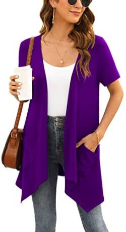 Yommay Strickjacken für Damen Elegant Solide Kurzen Ärmel Strickjacke Casual Sommer Leichter Lockere Cardigan mit Taschen,Violett,Groß von Yommay