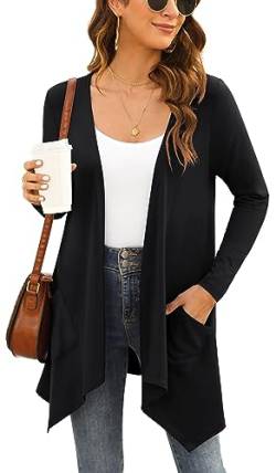 Yommay Strickjacken für Damen Elegante Langarm Damen Lässig Licht Cardigan High Low Saum mit Taschen,Schwarz,X-Large von Yommay