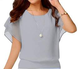 Yommay T-Shirts für Damen Chiffon Bluse Casual Basic Kurzarm Tops Sommer Oberteile Elegant Komfor,Grau,XL von Yommay