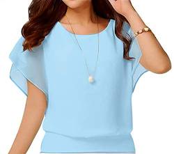 Yommay T-Shirts für Damen Chiffon Bluse Casual Basic Kurzarm Tops Sommer Oberteile Elegant Komfor,Hellblau,S von Yommay