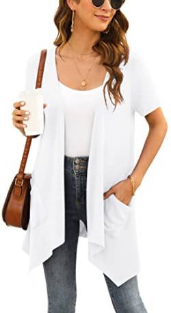 Yommay Weiße Strickjacke für Damen Elegant Kurzen Ärmel leichte Sommer Strickjacke vorne offen Kurze Ärmel Duster Vest mit Taschen,Weiß,Groß von Yommay