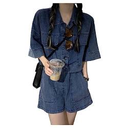 Damenshorts Set Denim Kurzarm T-Shirt Top Lose Wide Leg Shorts Sommer 2pcs Outfit Set von YonYeHong