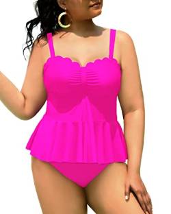 Yonique 2-teiliger Tankini-Badeanzug für Damen, Übergröße, Bauchkontrolle, Schößchen, Bademode, gewellte Badeanzüge, Knallpink (Hot Pink), 22 Plus von Yonique