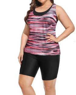 Yonique 3-teilige Badeanzüge in Übergröße für Damen, Tankini-Tops mit Sport-BH und Schwimm-Capri, athletische Badeanzüge, Rosa gestreift 02, 20 Plus von Yonique