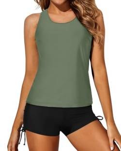 Yonique 3-teiliger Tankini-Badeanzug für Damen, Tank-Top, Badeanzüge mit Jungen-Shorts und BH, sportliche Bademode, Black & Army Green, 22 Plus von Yonique