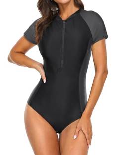 Yonique Damen-Badeanzug, kurzärmelig, einteilig, Rashguard, Reißverschluss, Surfen, schwarz / grau, Large von Yonique