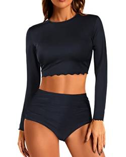 Yonique Damen-Badeanzug, langärmelig, Rashguard, bauchfrei, mit Shorts, zweiteiliger Badeanzug, Schwarz, Medium von Yonique