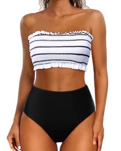 Yonique Damen Bandeau-Bikini-Set, zweiteilig, gesmokt, Rüschen, schulterfrei, Badeanzug mit hoher Taille, Schwarz und Weiß gestreift, Large von Yonique