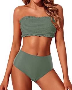 Yonique Damen Bandeau-Bikini-Set, zweiteilige gesmokte Badeanzüge, Rüschen, schulterfrei, Badeanzug mit hoher Taille, Grün (Army Green), XL von Yonique
