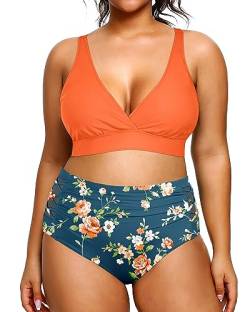 Yonique Damen-Bikini, Übergröße, hohe Taille, zweiteilig, Badeanzug, Bauchkontrolle, Bademode, Orange und Blau, 44 Mehr von Yonique