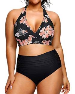 Yonique Damen-Bikini mit hoher Taille, zweiteiliger Badeanzug, Bauchkontrolle, Bademode, Schwarz und Blumen, 18 Plus von Yonique