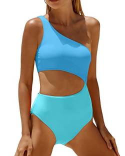 Yonique Damen Einteiler Badeanzug Einschulter Badeanzug Cutout Bademode Monokini, Blau, S von Yonique