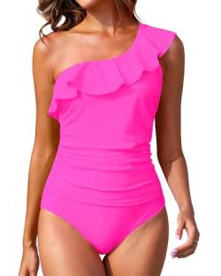Yonique Damen Gepolstert Tankini-Badeanzug, Blickdicht, Knallpink (Hot Pink), XL von Yonique