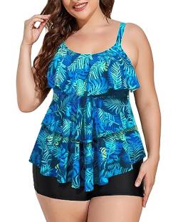 Yonique Damen Plus Size Tankini Badeanzüge mit Shorts Zweiteilige Badeanzüge Rüschen Badeanzüge Bauchkontrolle Bademode, Blaues, grünes Blatt, 18 Plus von Yonique