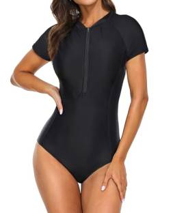 Yonique Damen Rashguard Kurzarm Badeanzüge Einteiler Reißverschluss Badeanzug Surfen Bademode UPF 50+, Schwarz, S von Yonique