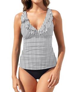 Yonique Damen-Tankini, 2-teilig, Falbala, gerüscht, tiefer V-Ausschnitt, Bademode, Schwarz-weiß gestreift, Large von Yonique