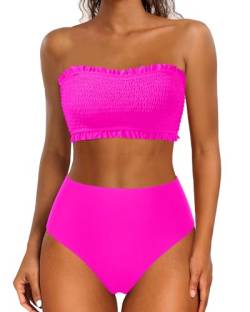 Yonique Damen Zweiteilige Badeanzüge Bandeau Bikini Set Smocked Off Shoulder Badeanzug mit Hohe Taille Hose, Pink, Medium von Yonique