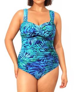 Yonique Einteiliger Badeanzug für Damen, Übergröße, Bauchkontrolle, gerüschte Bademode, Grüne Blätter und Blau, 22 Plus von Yonique