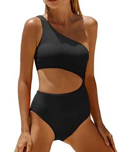 Yonique Einteiliger Damen-Badeanzug, einschulterig, Bademode, Monokini, Schwarz, Large von Yonique