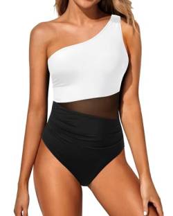 Yonique Frauen Einteiler One Shoulder Badeanzug Bauchkontrolle Badeanzug Mesh Bademode, schwarz und weiß, S von Yonique